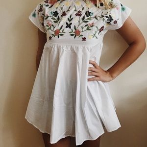 Lace Up Back Embroidery Smock Dress